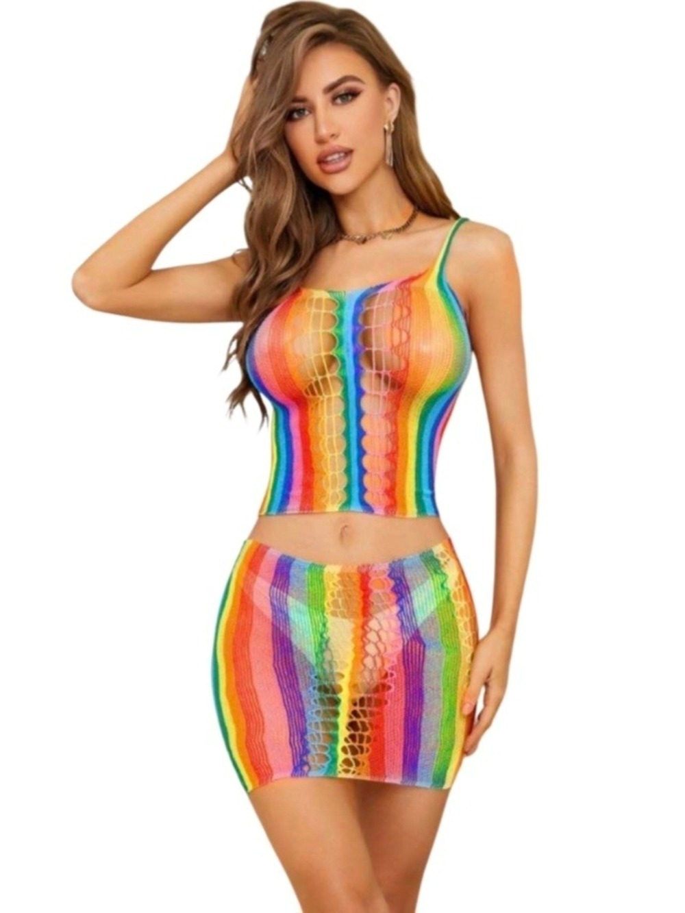 Rainbow Crochet Two Piece Mini Skirt Set